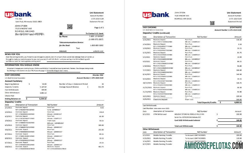 Modelo realista de extrato bancário dos EUA nos EUA em formato Excel e PDF (arquivo .xls e .pdf) (3 páginas)
